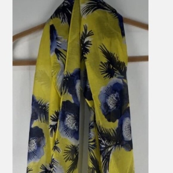 NWT Talbots Blue Yellow Daffodil Floral Rectangle Scarf X Large Silk Cotton - Picture 1 of 3